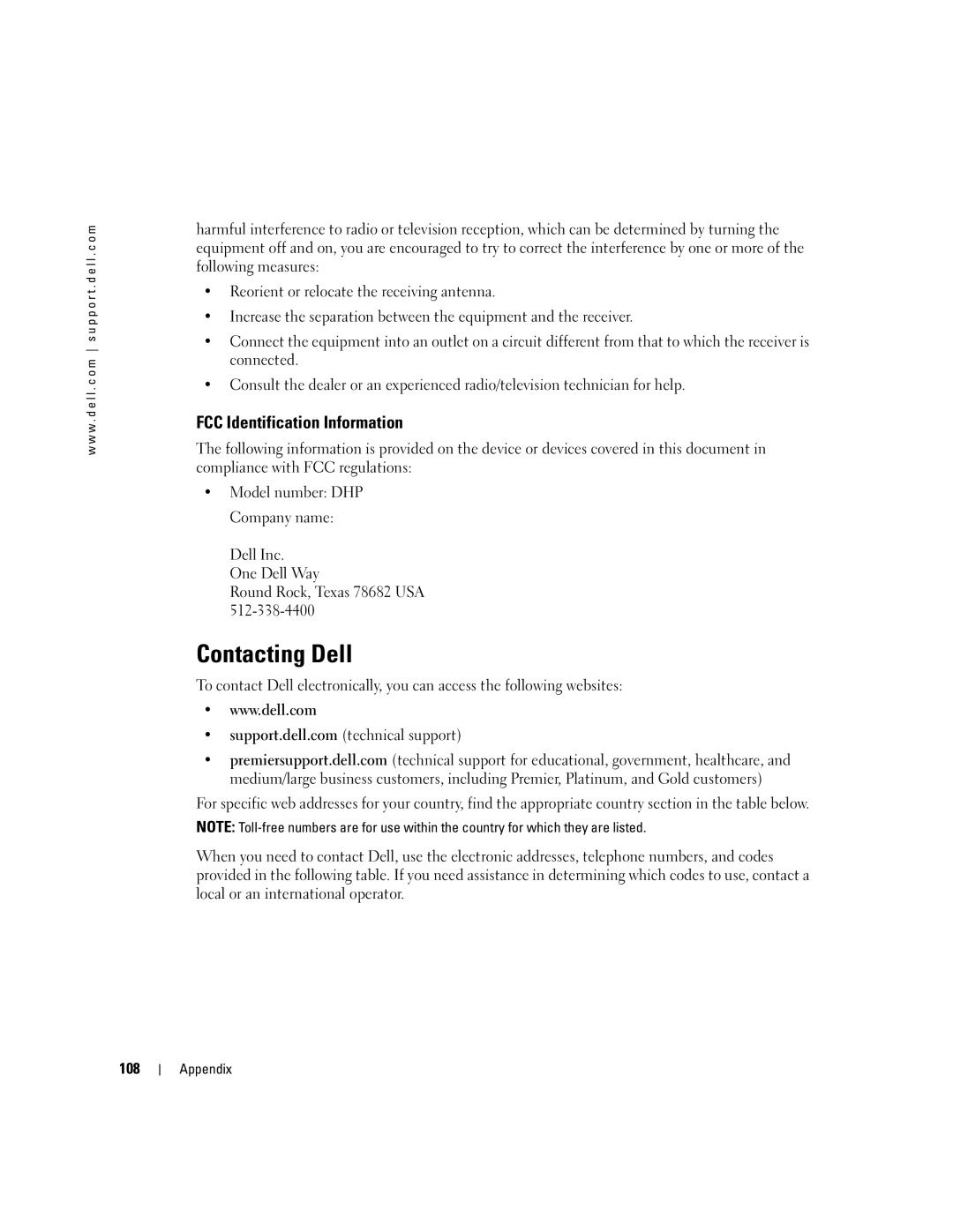 Dell T8243, DHP manual Contacting Dell, FCC Identification Information, 108 