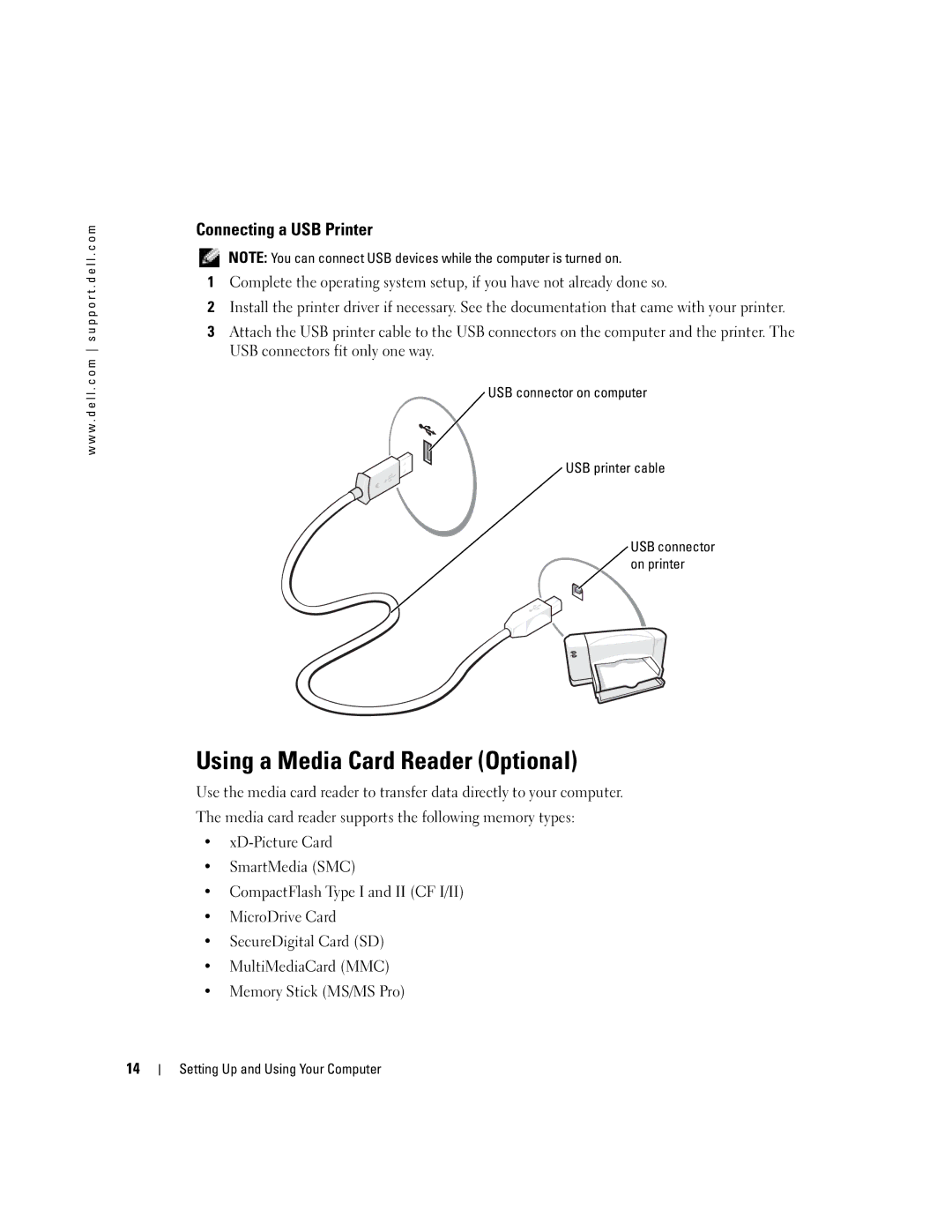 Dell T8243, DHP Using a Media Card Reader Optional, Connecting a USB Printer, USB connector on computer USB printer cable 