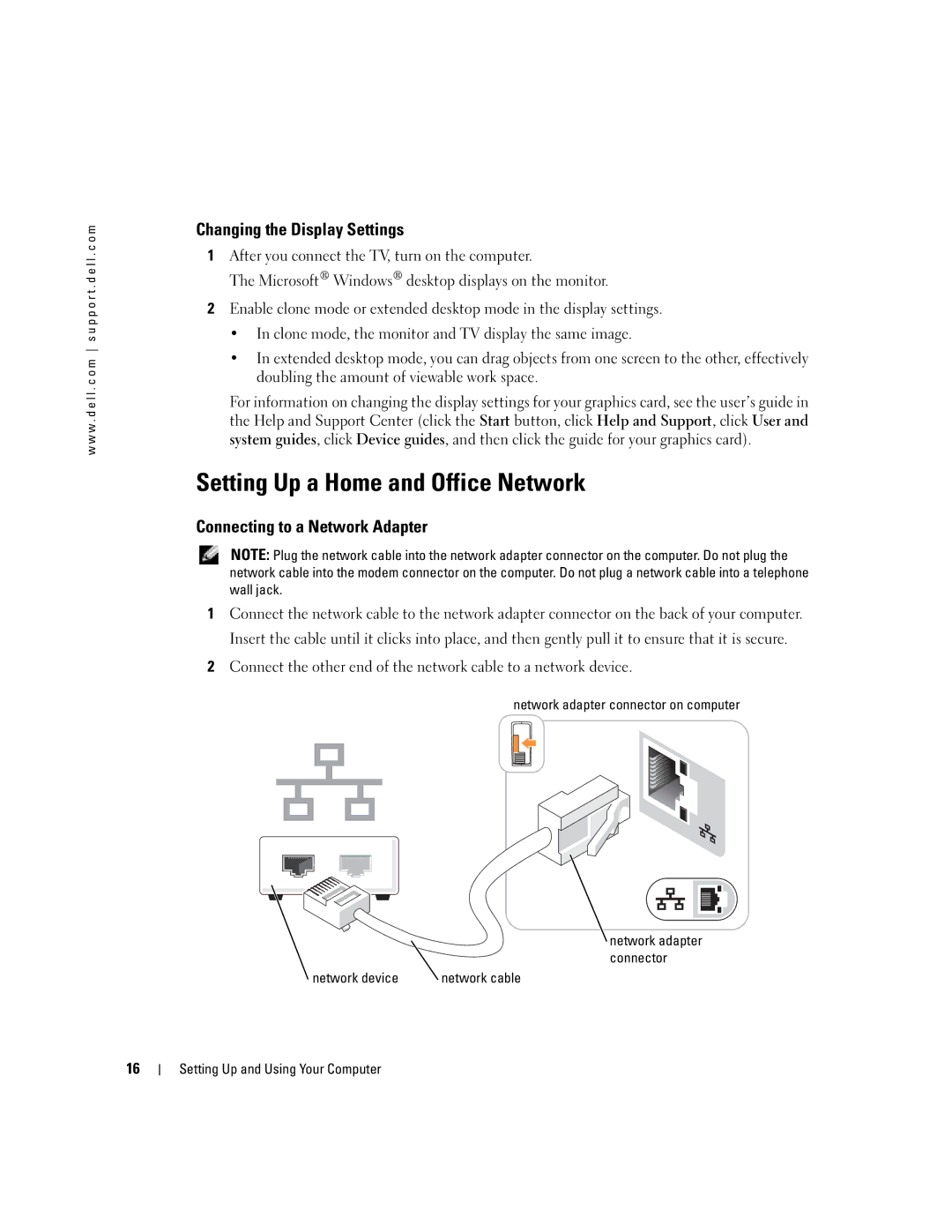 Dell T8243, DHP manual Setting Up a Home and Office Network, Changing the Display Settings, Connecting to a Network Adapter 