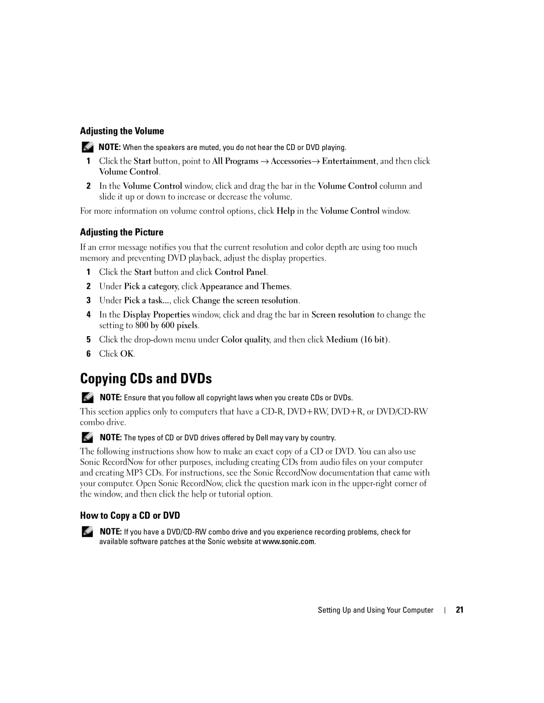 Dell DHP, T8243 manual Copying CDs and DVDs, Adjusting the Volume, Adjusting the Picture, How to Copy a CD or DVD 