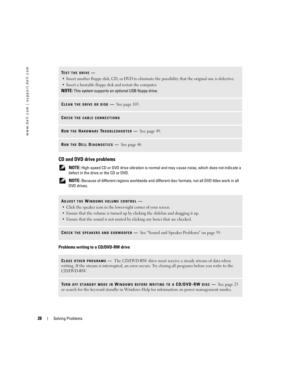 Dell T8243, DHP manual CD and DVD drive problems, Problems writing to a CD/DVD-RW drive 