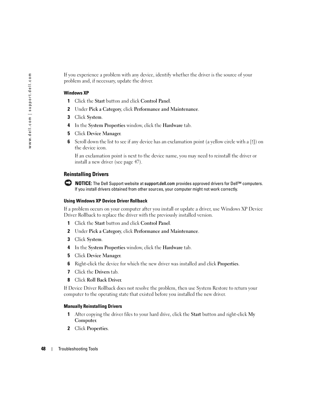 Dell T8243, DHP manual Using Windows XP Device Driver Rollback, Manually Reinstalling Drivers 