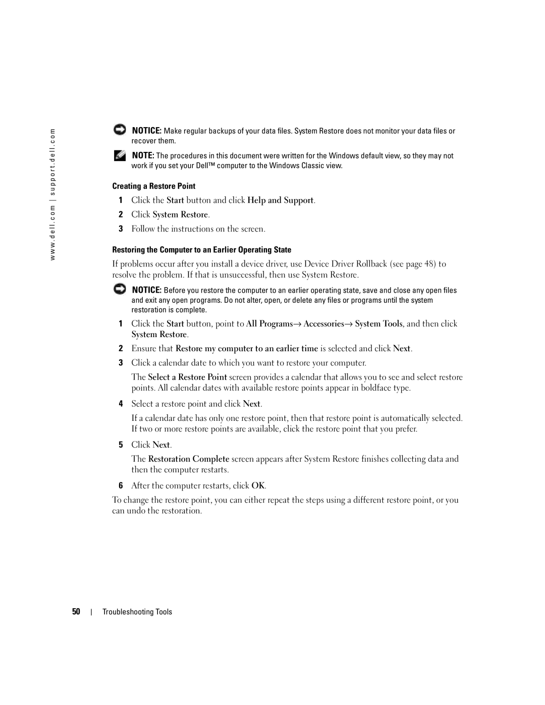 Dell T8243, DHP manual Creating a Restore Point, Restoring the Computer to an Earlier Operating State 