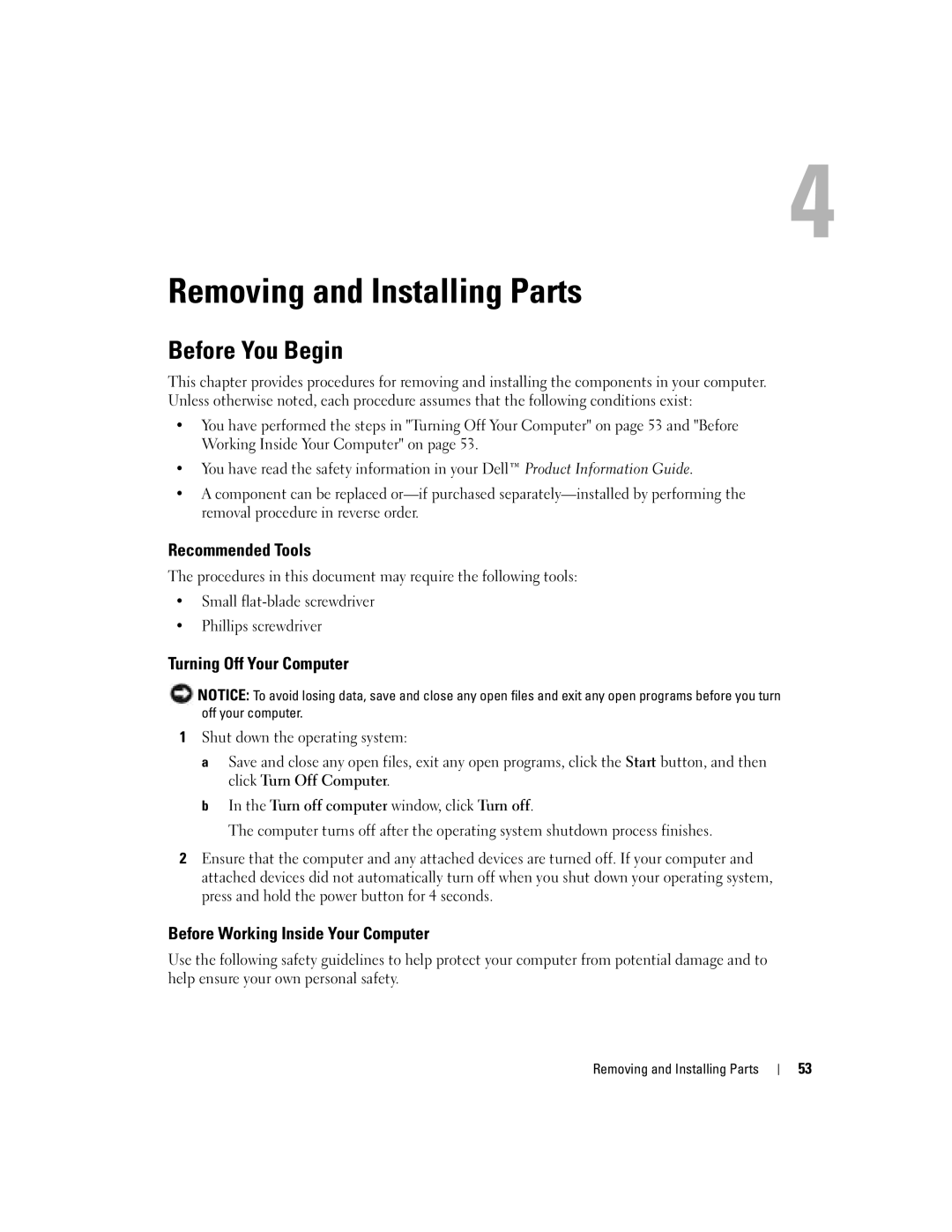 Dell DHP, T8243 manual Before You Begin, Recommended Tools, Turning Off Your Computer, Before Working Inside Your Computer 