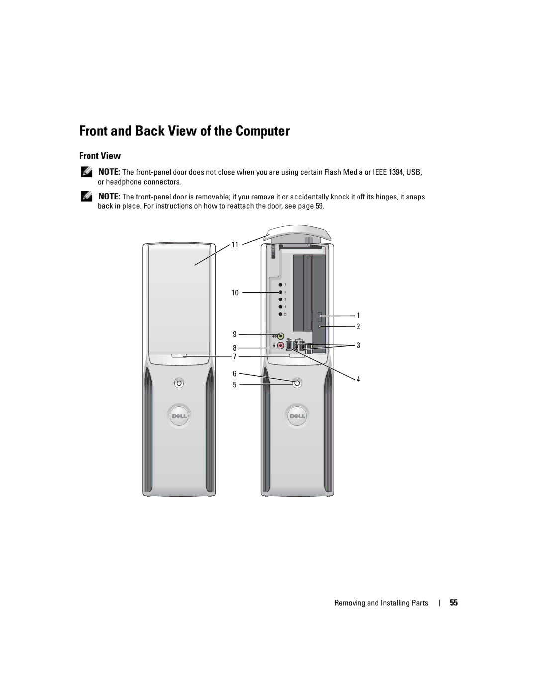 Dell DHP, T8243 manual Front and Back View of the Computer, Front View 