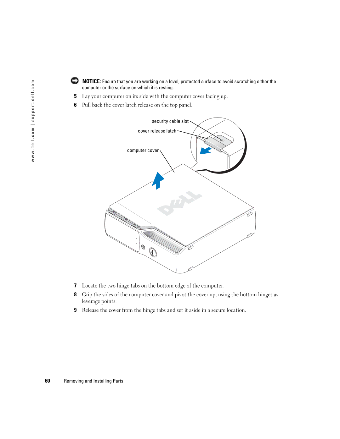 Dell T8243, DHP manual Security cable slot Cover release latch Computer cover 