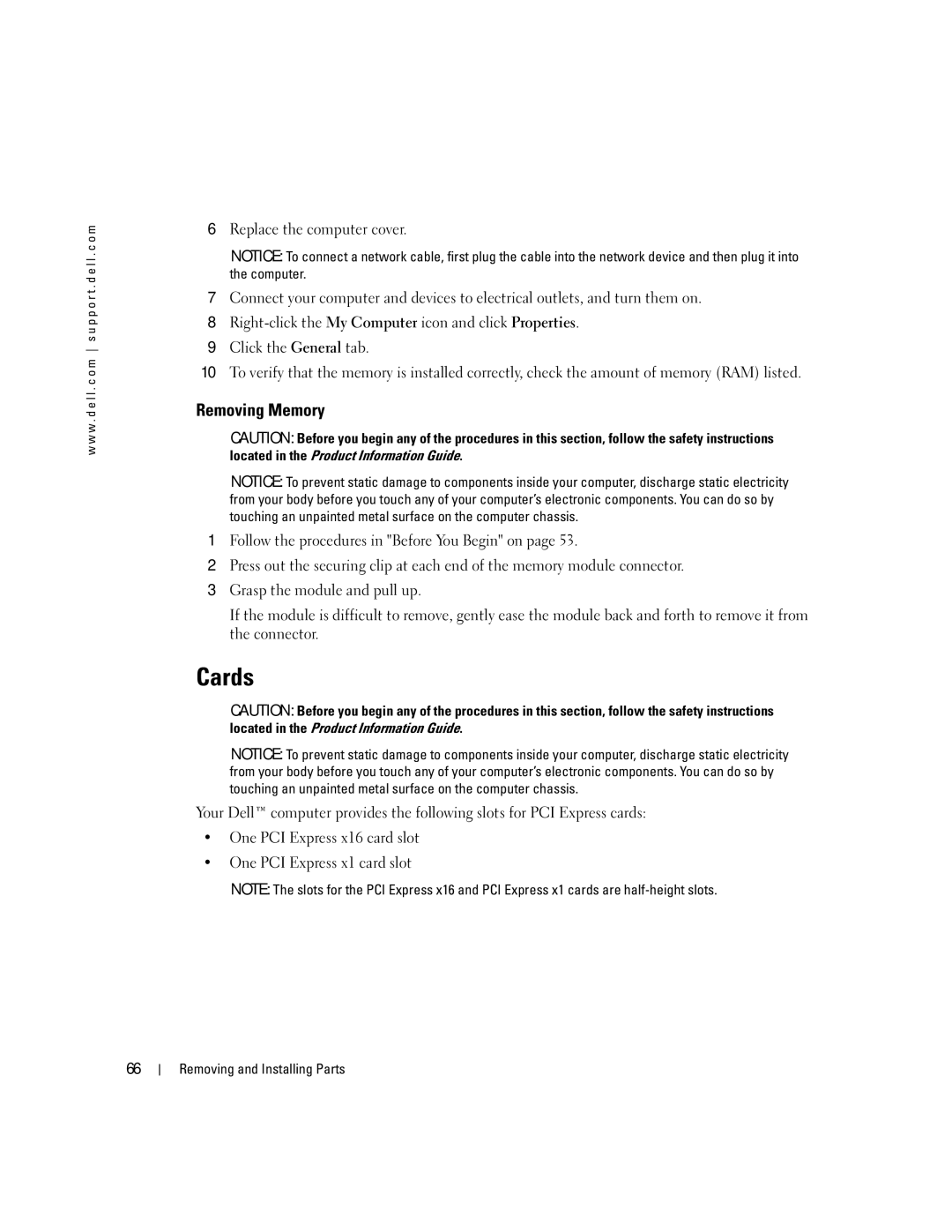 Dell T8243, DHP manual Cards, Removing Memory 