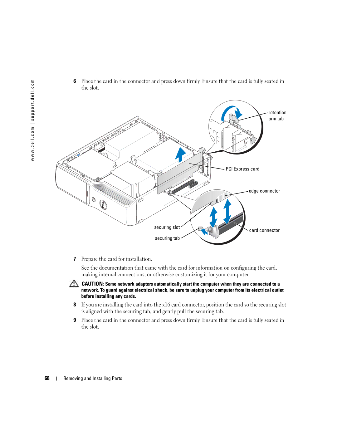 Dell T8243, DHP manual Retention arm tab, Edge connector Securing slot Card connector Securing tab 