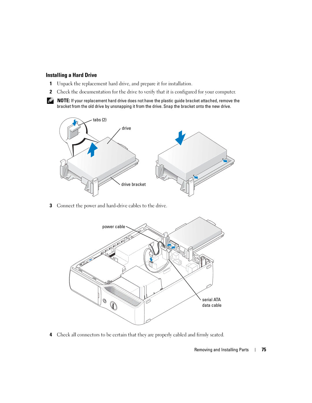 Dell DHP, T8243 manual Installing a Hard Drive, Tabs Drive Drive bracket 