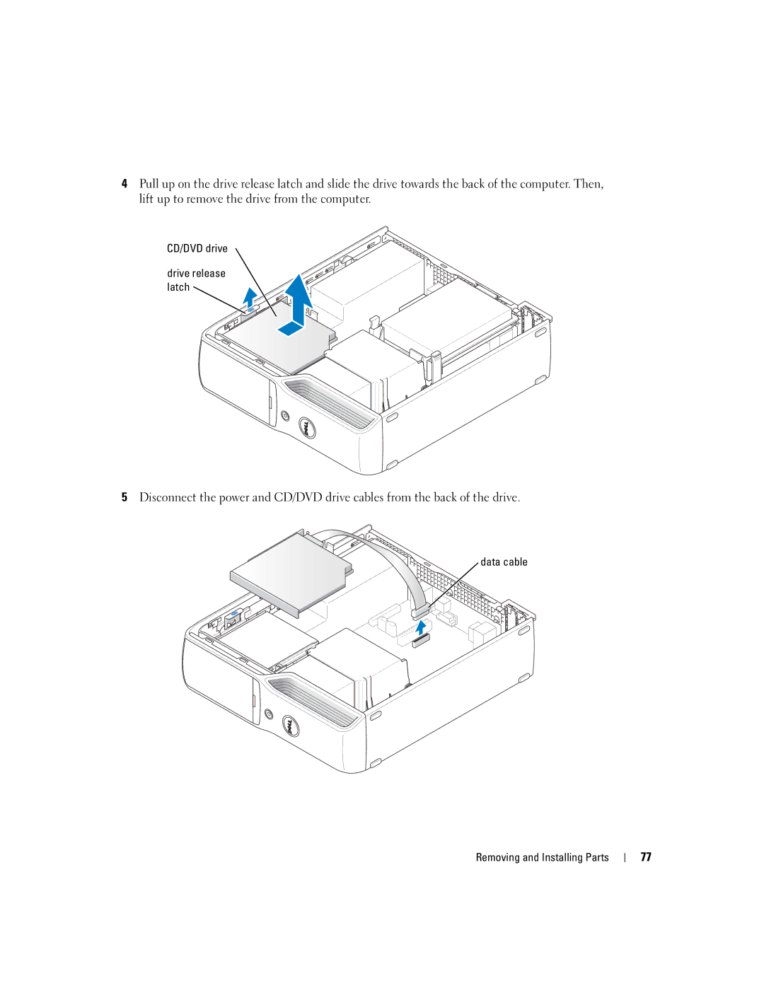 Dell DHP, T8243 manual CD/DVD drive Drive release latch, Data cable Removing and Installing Parts 