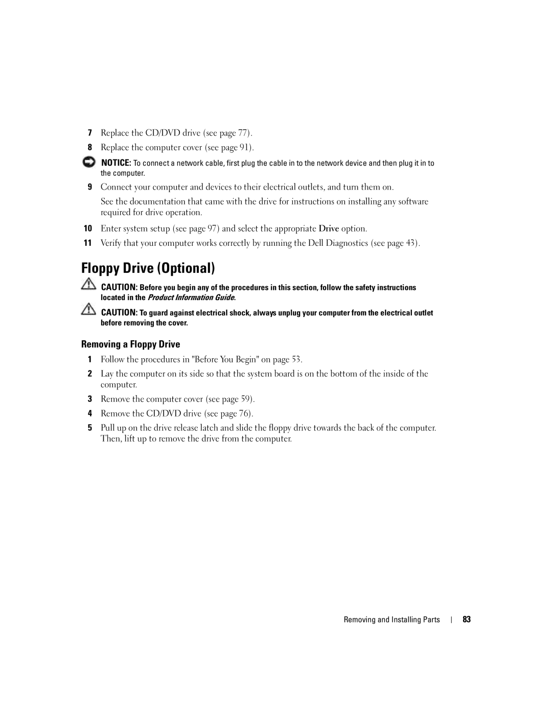 Dell DHP, T8243 manual Floppy Drive Optional, Removing a Floppy Drive 