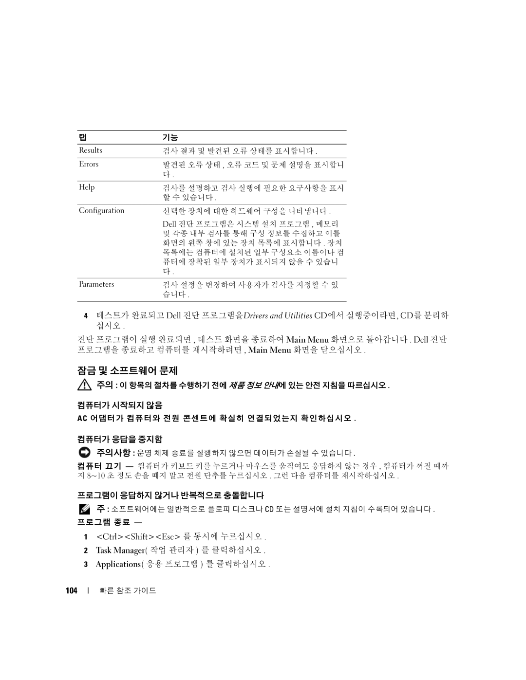 Dell TD010 manual 잠금 및 소프트웨어 문제, 컴퓨터가 시작되지 않음, 컴퓨터가 응답을 중지함, 프로그램이 응답하지 않거나 반복적으로 충돌합니다 