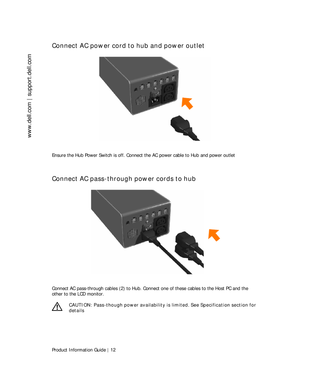 Dell TF661 manual Connect AC power cord to hub and power outlet, Connect AC pass-through power cords to hub 