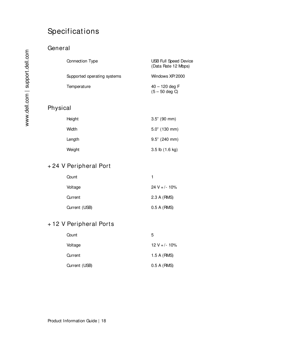 Dell TF661 manual Specifications, General, Physical, +24 V Peripheral Port, +12 V Peripheral Ports 