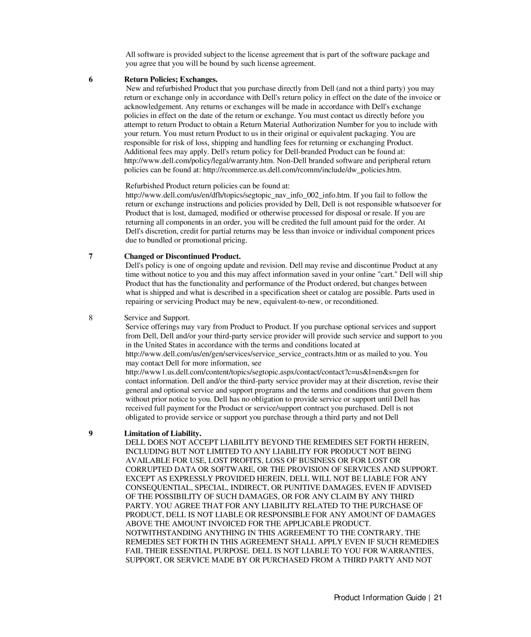 Dell TF661 manual Return Policies Exchanges 