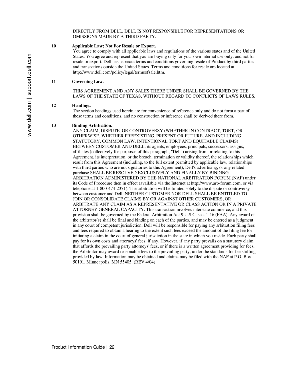 Dell TF661 manual Applicable Law Not For Resale or Export 