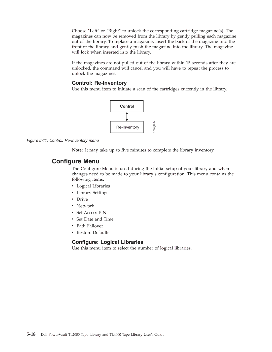 Dell TL2000 manual Configure Menu, Control Re-Inventory, Configure Logical Libraries 