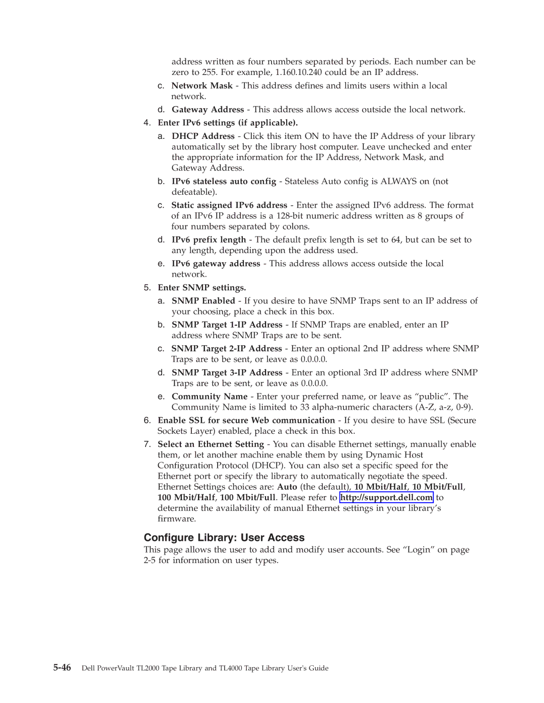 Dell TL2000 manual Configure Library User Access, Enter IPv6 settings if applicable 