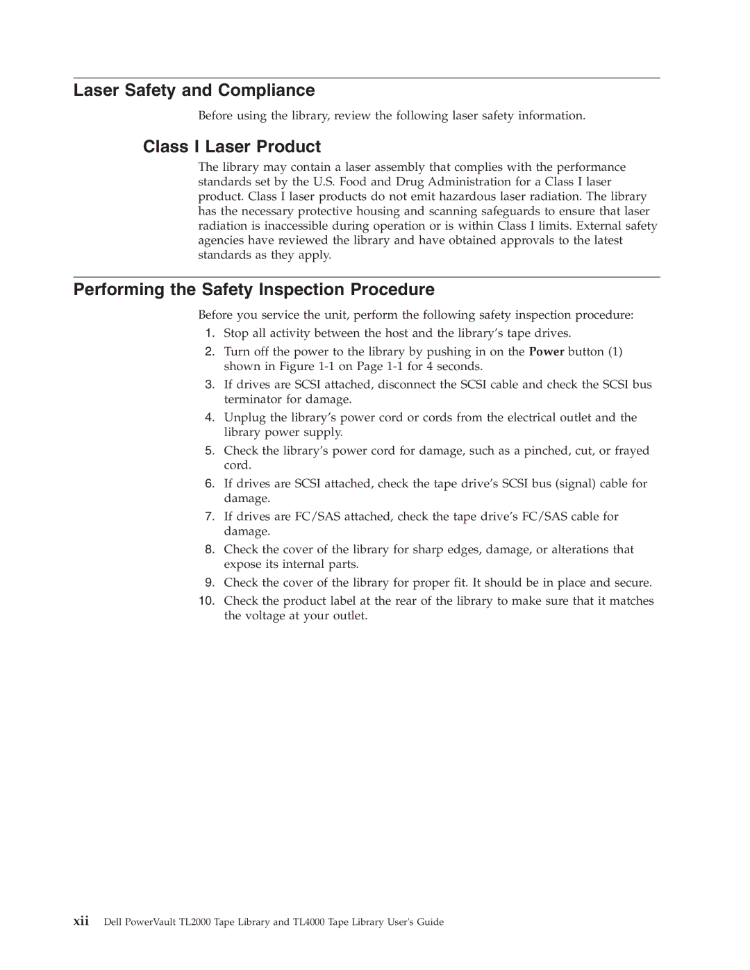 Dell TL2000 manual Laser Safety and Compliance, Class I Laser Product, Performing the Safety Inspection Procedure 