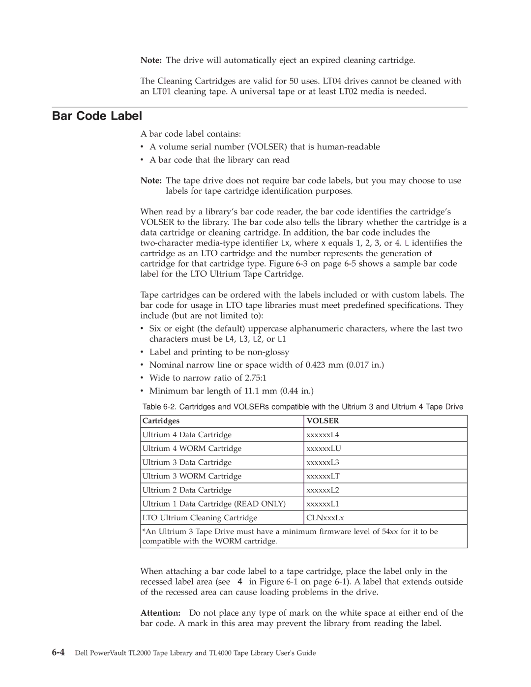 Dell TL2000 manual Bar Code Label, Cartridges 