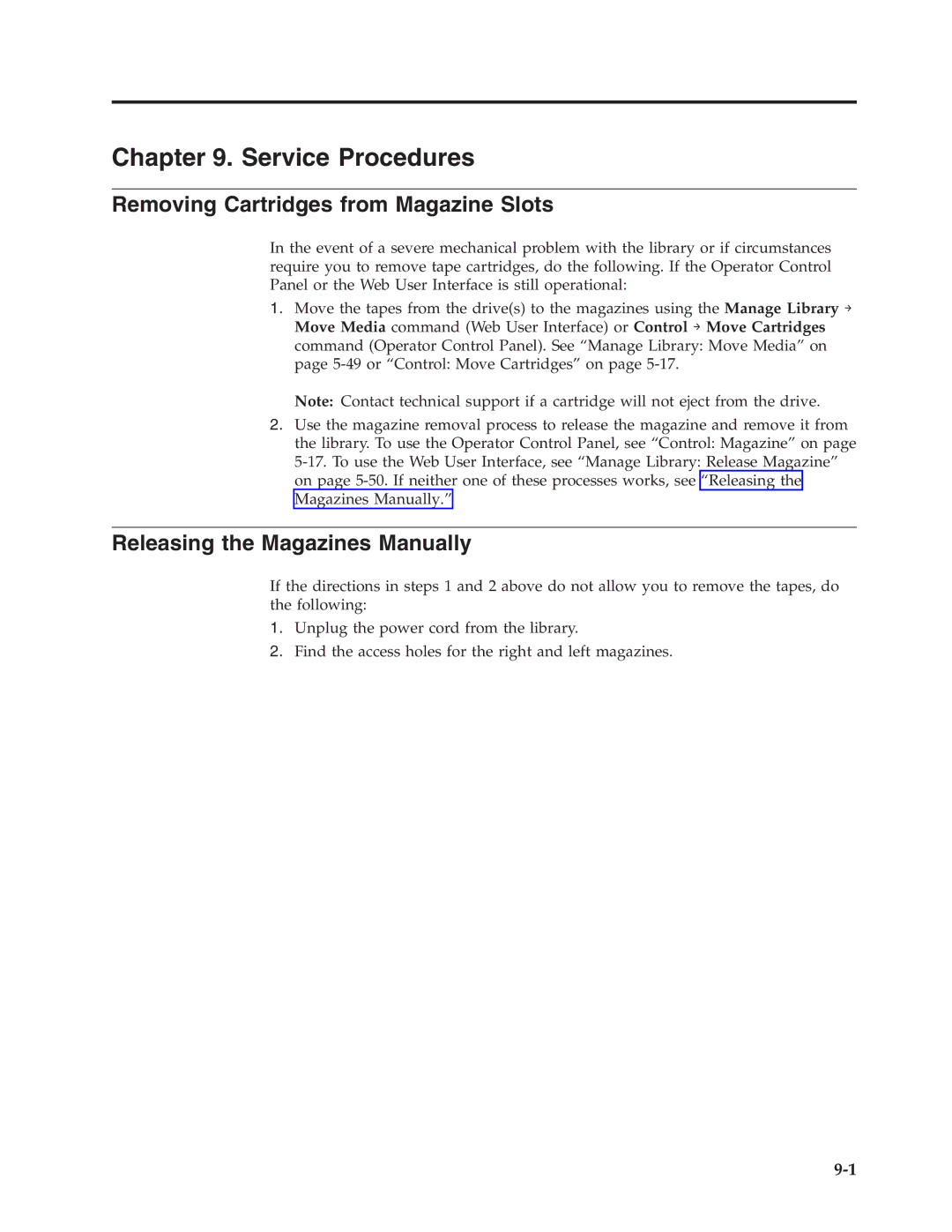 Dell TL2000 manual Service Procedures, Removing Cartridges from Magazine Slots, Releasing the Magazines Manually 