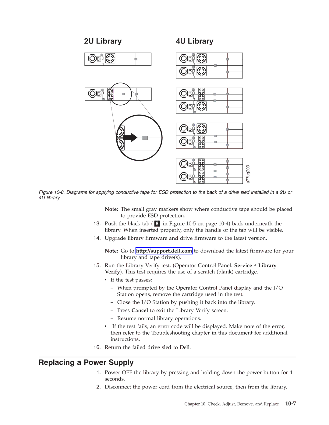 Dell TL2000 manual 2U Library, Replacing a Power Supply 