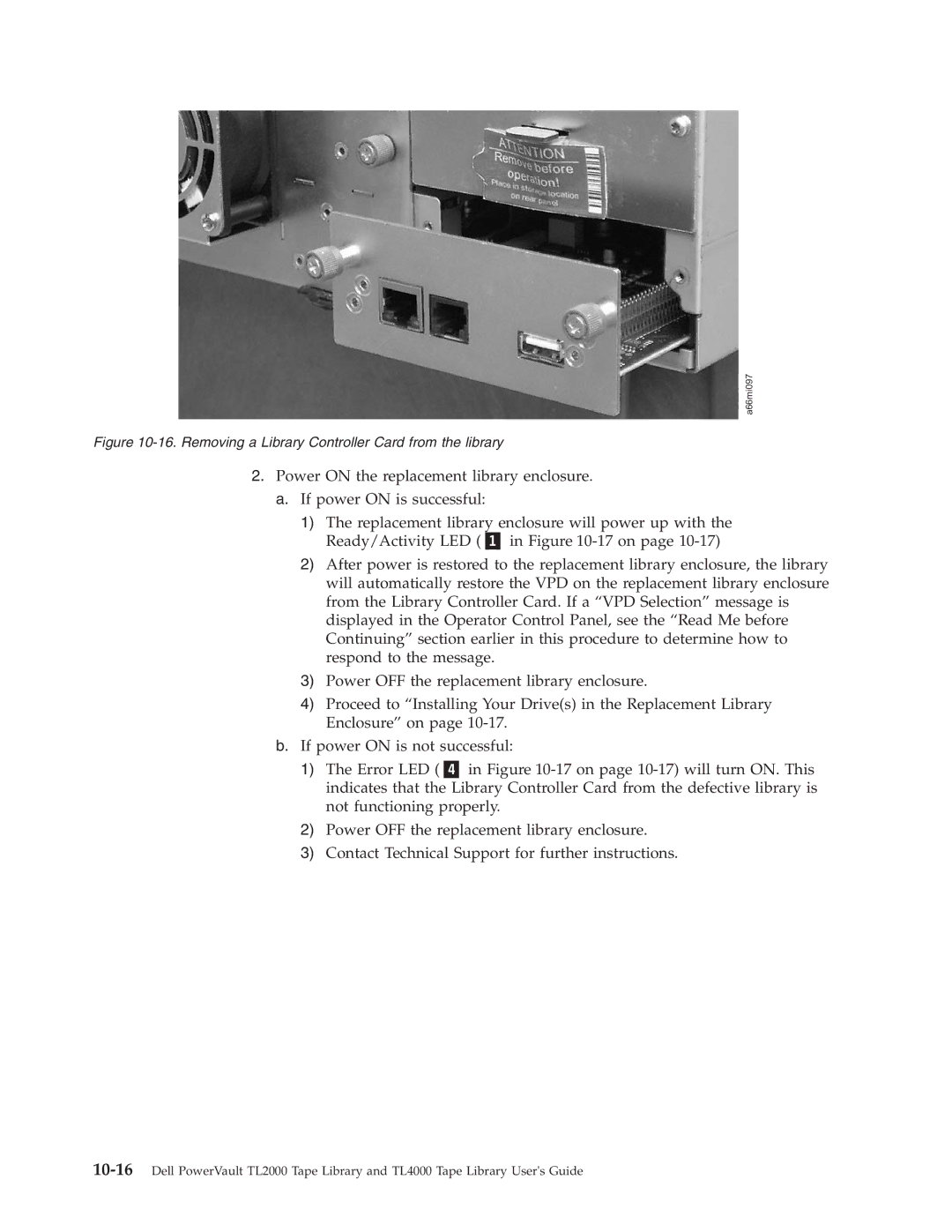 Dell TL2000 manual Removing a Library Controller Card from the library 