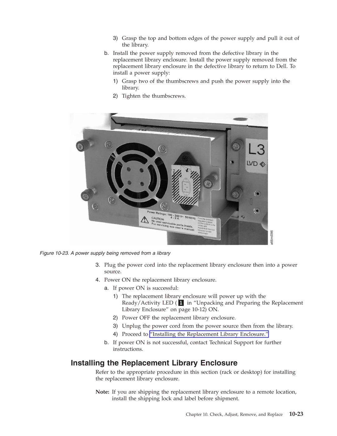 Dell TL2000 manual Installing the Replacement Library Enclosure, a power supply being removed from a library 