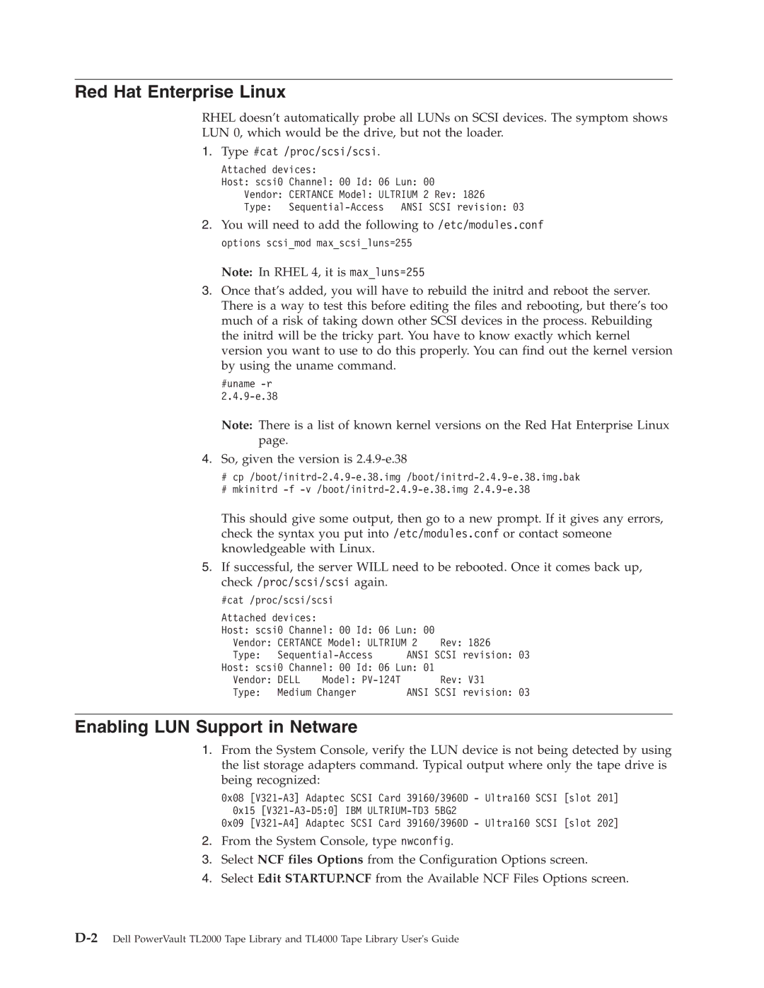 Dell TL2000 manual Red Hat Enterprise Linux, Enabling LUN Support in Netware 