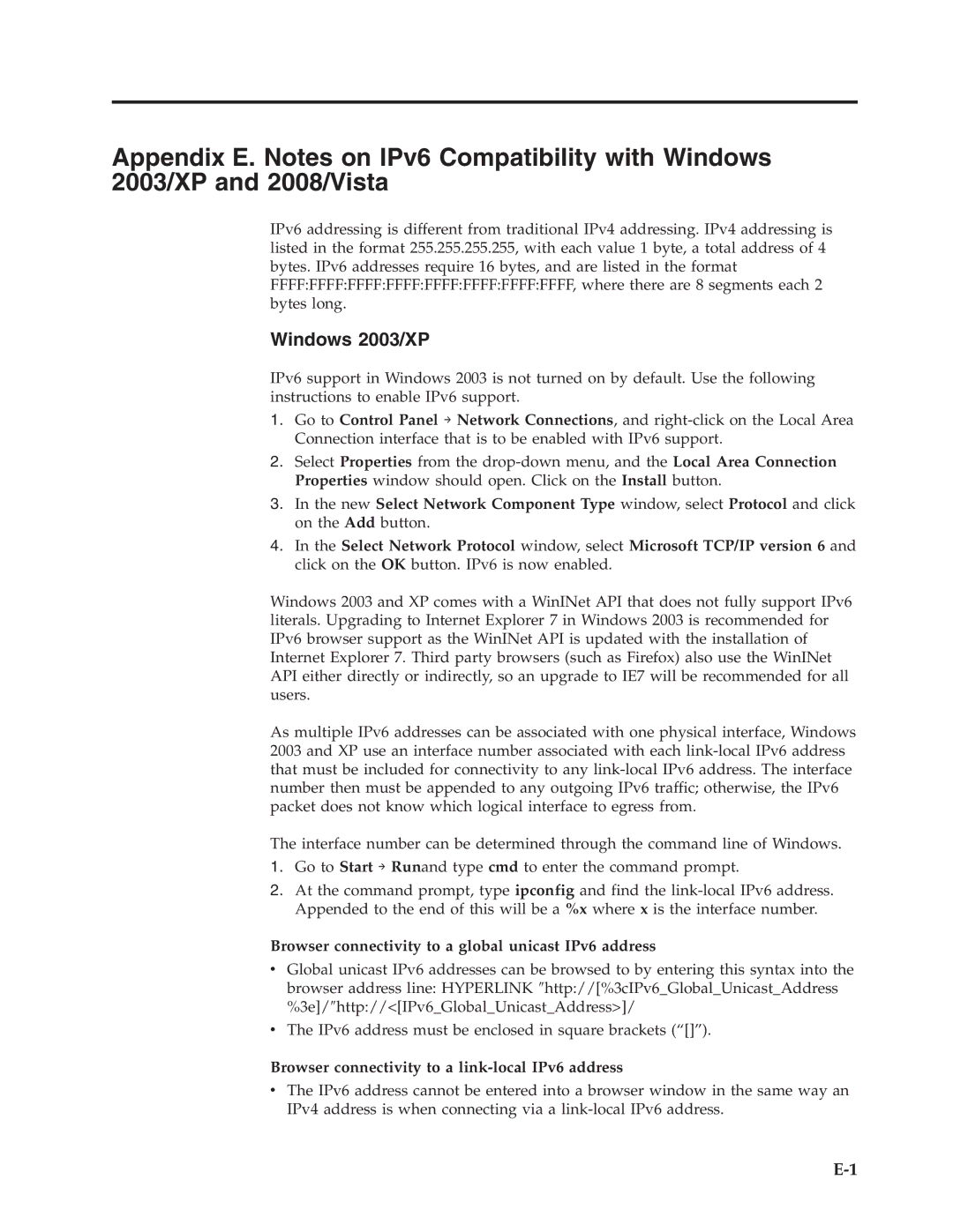 Dell TL2000 manual Windows 2003/XP, Browser connectivity to a global unicast IPv6 address 