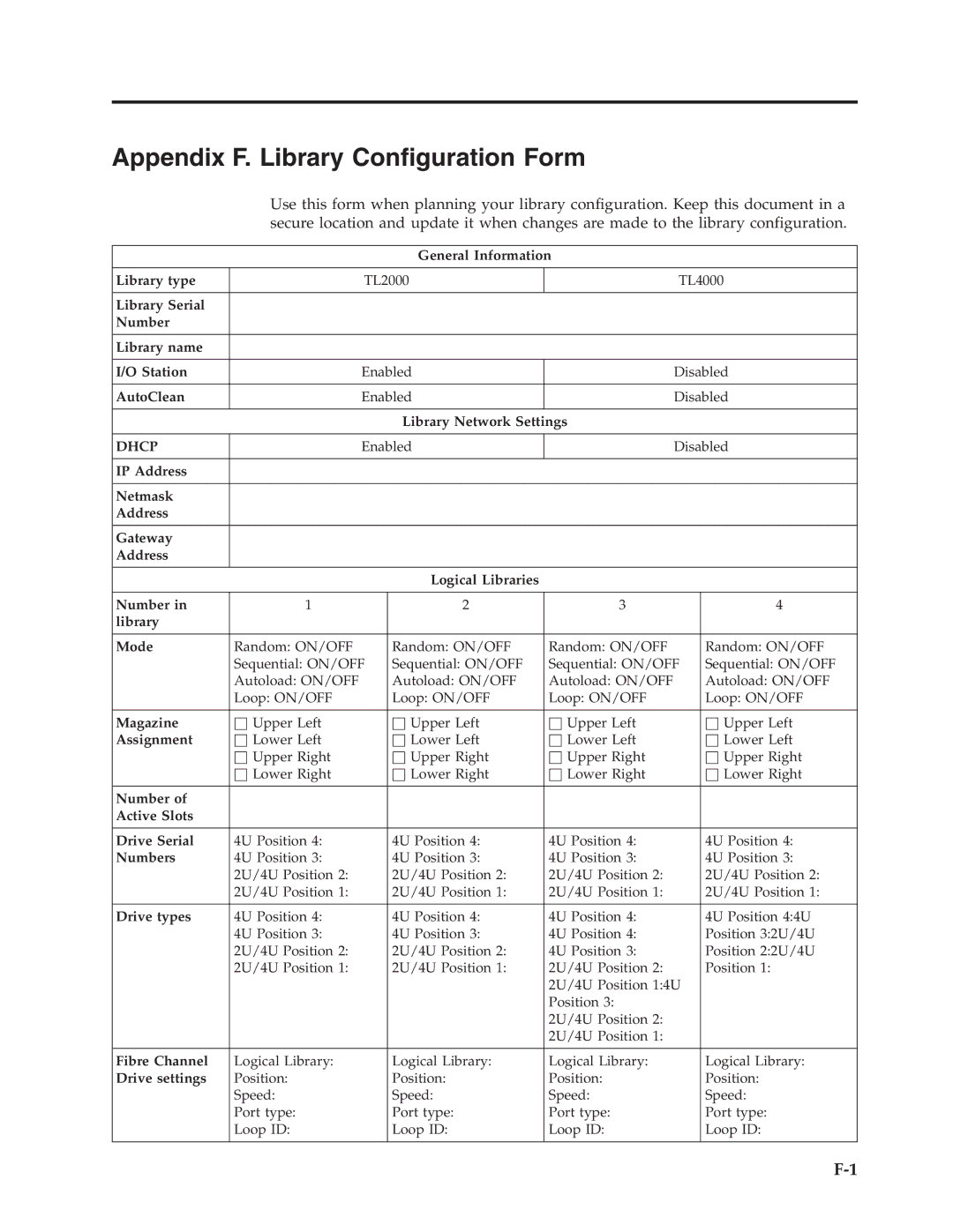 Dell TL2000 manual Appendix F. Library Configuration Form 