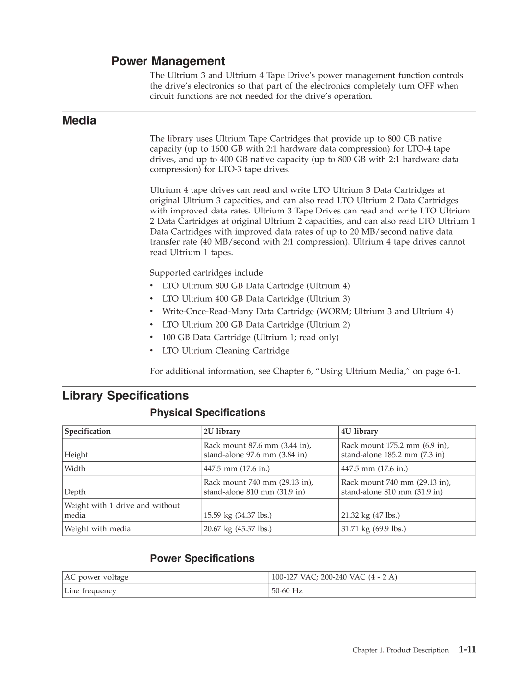 Dell TL2000 manual Power Management, Media, Library Specifications, Physical Specifications, Power Specifications 