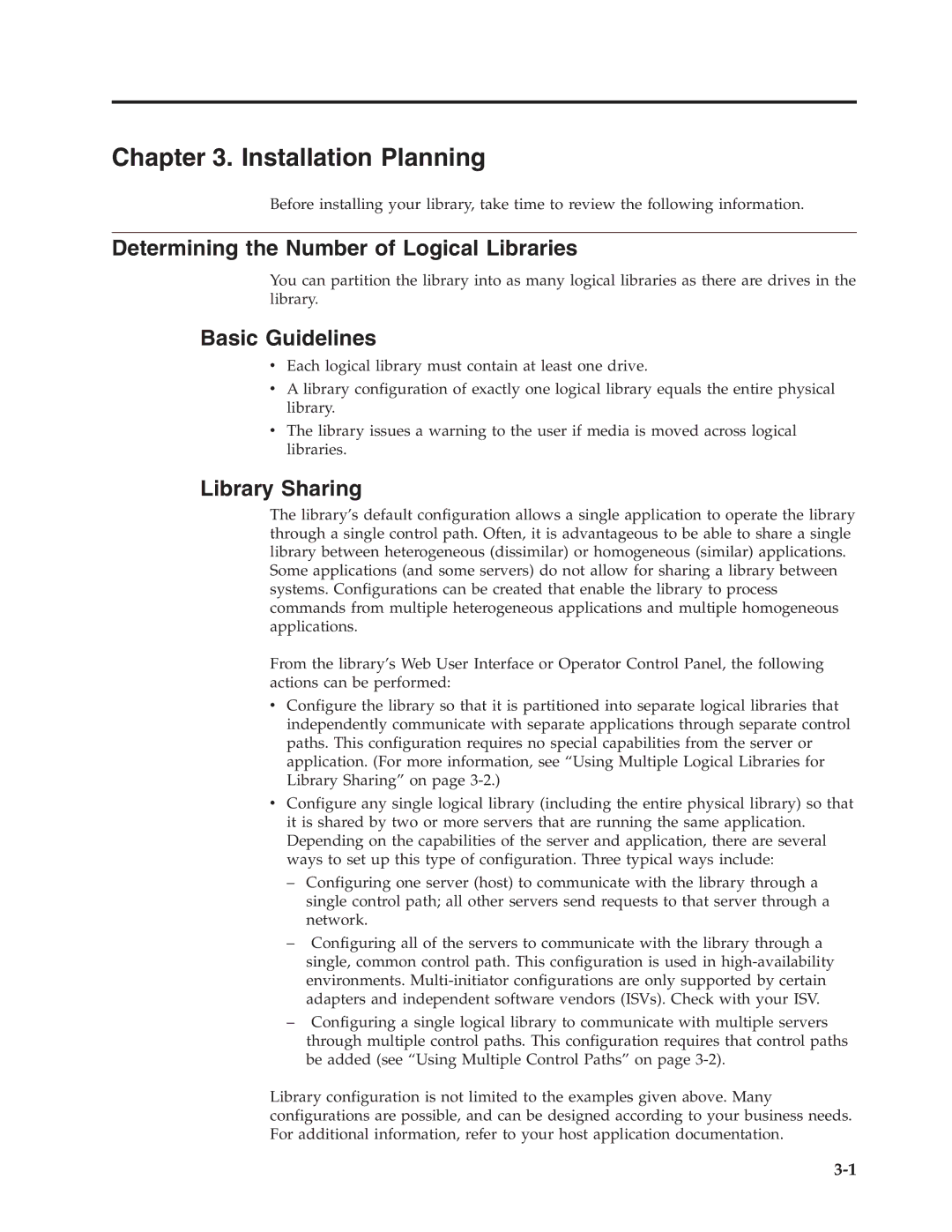 Dell TL2000 manual Installation Planning, Determining the Number of Logical Libraries, Basic Guidelines, Library Sharing 