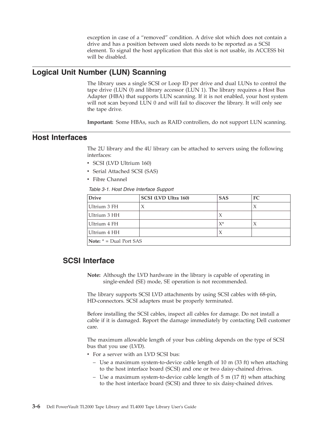 Dell TL2000 manual Logical Unit Number LUN Scanning, Host Interfaces, Scsi Interface, Drive Scsi LVD Ultra 