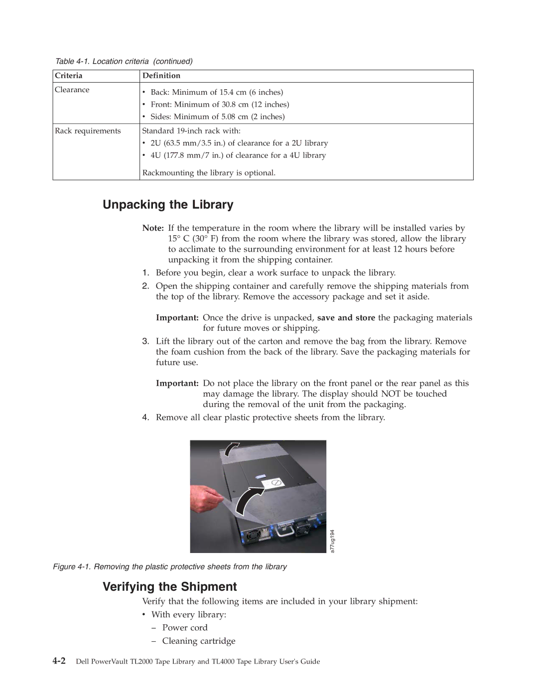 Dell TL2000 manual Unpacking the Library, Verifying the Shipment 