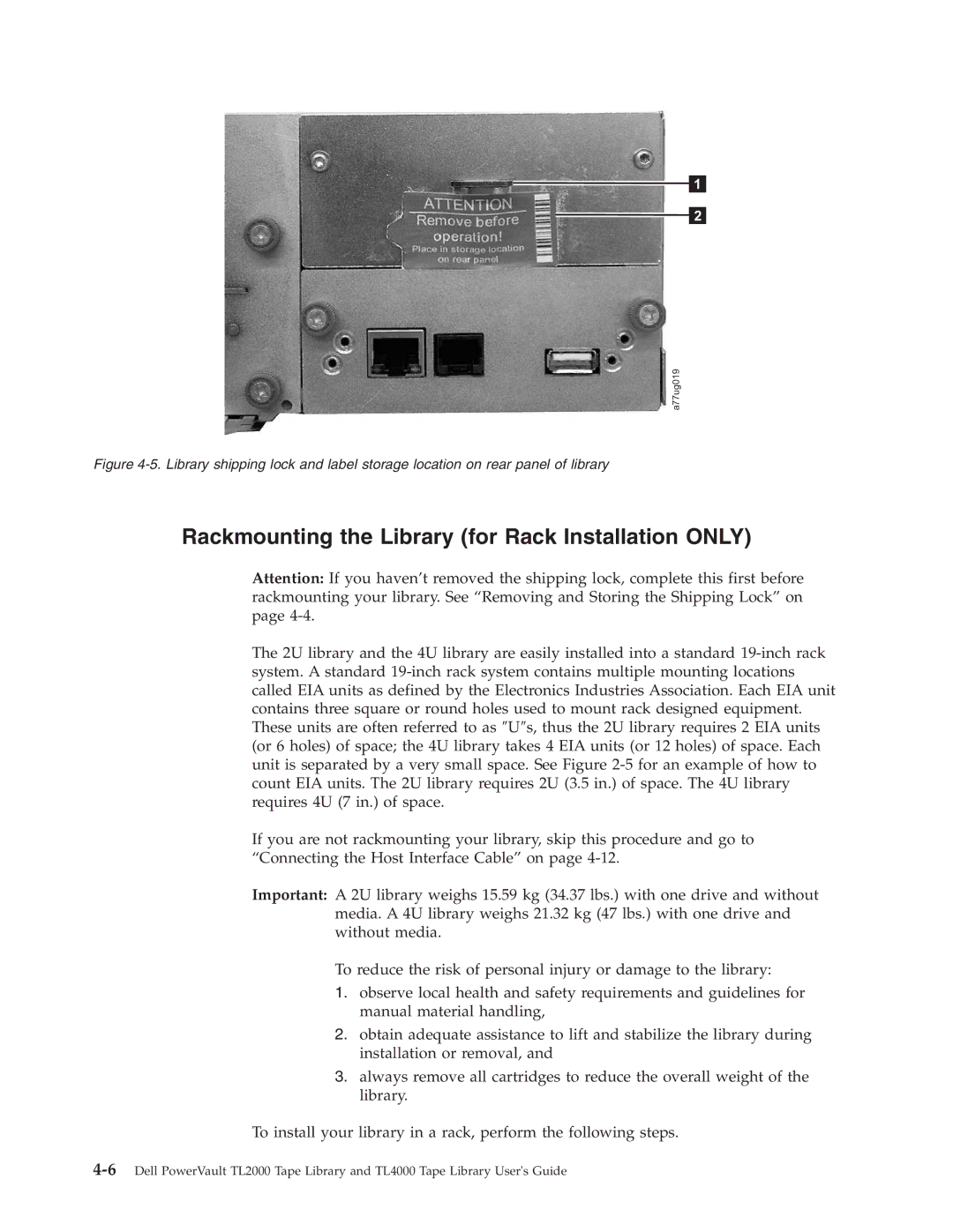 Dell TL2000 manual Rackmounting the Library for Rack Installation only 