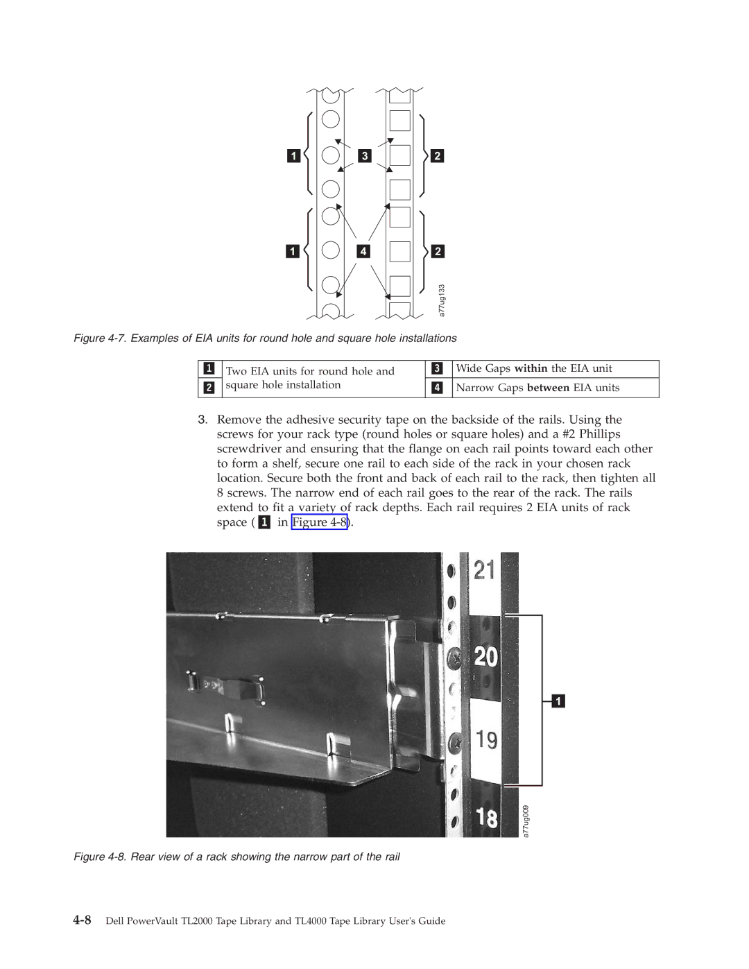 Dell TL2000 manual Rear view of a rack showing the narrow part of the rail 