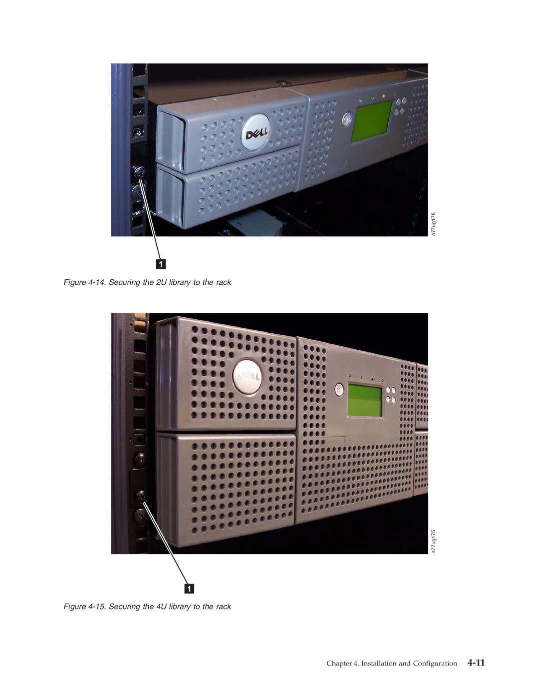 Dell TL2000 manual Securing the 2U library to the rack 