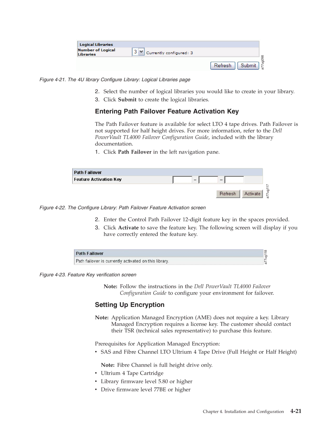 Dell TL2000 manual Entering Path Failover Feature Activation Key, Setting Up Encryption 