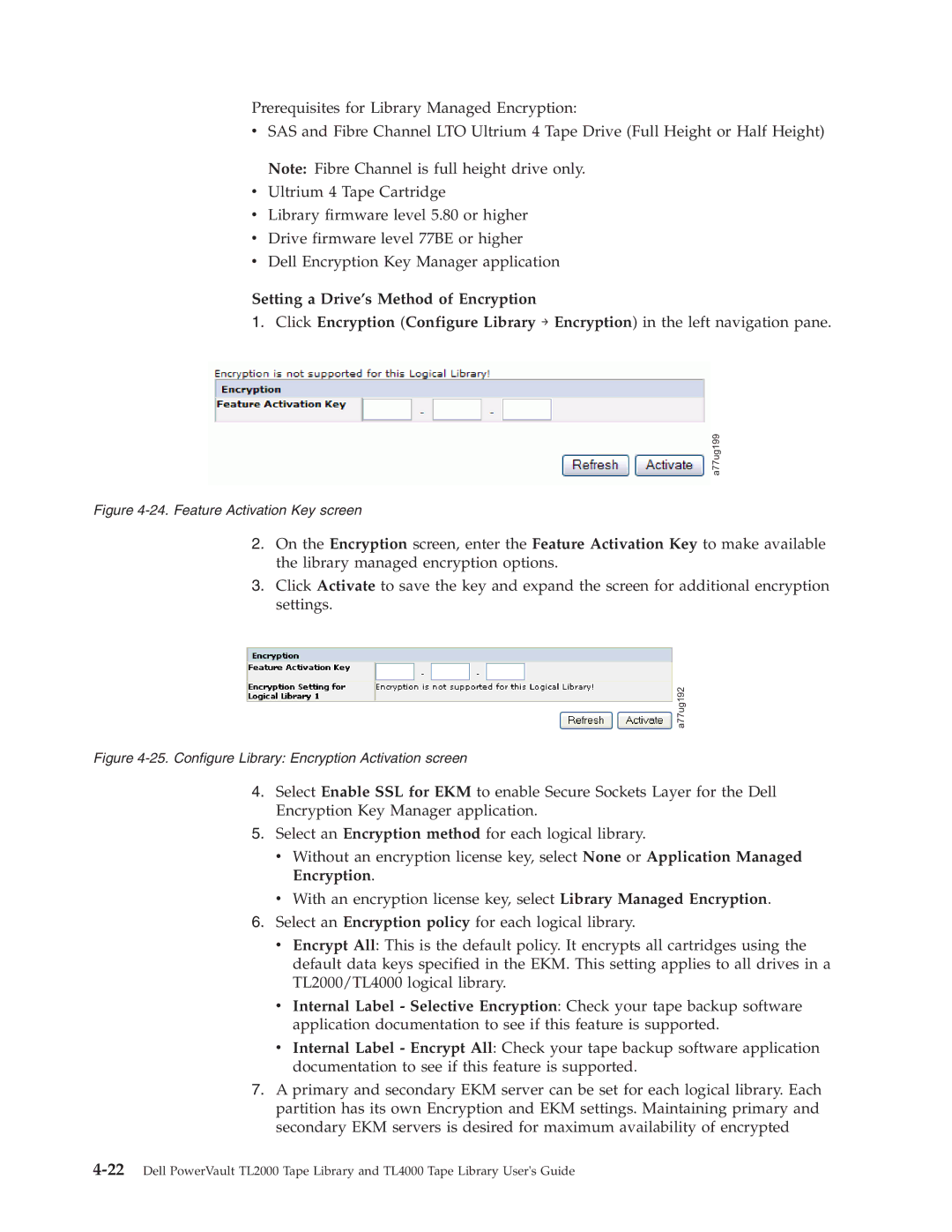 Dell TL2000 manual Setting a Drive’s Method of Encryption, Feature Activation Key screen 