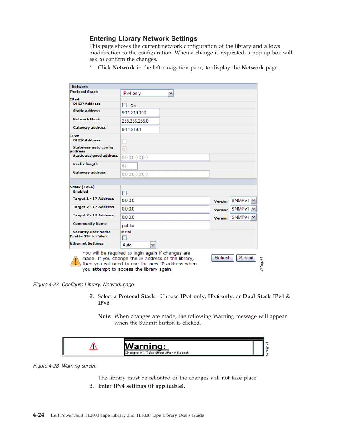 Dell TL2000 manual Entering Library Network Settings, Enter IPv4 settings if applicable 