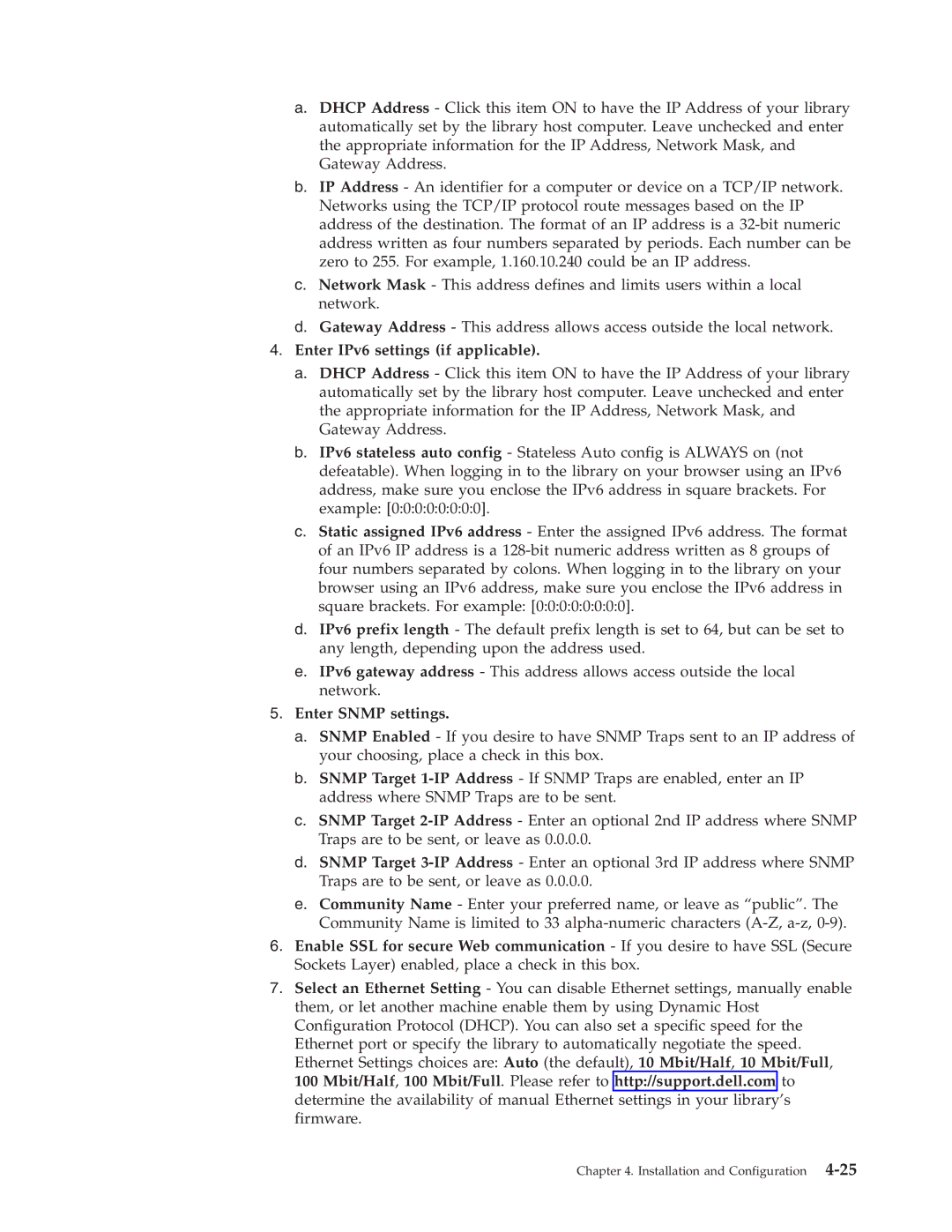 Dell TL2000 manual Enter IPv6 settings if applicable, Enter Snmp settings 