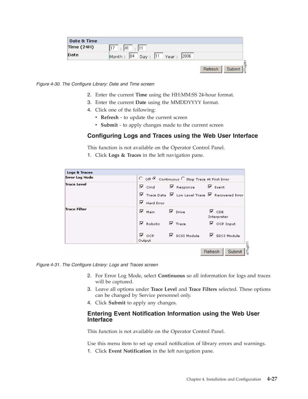 Dell TL2000 manual Configuring Logs and Traces using the Web User Interface, The Configure Library Date and Time screen 