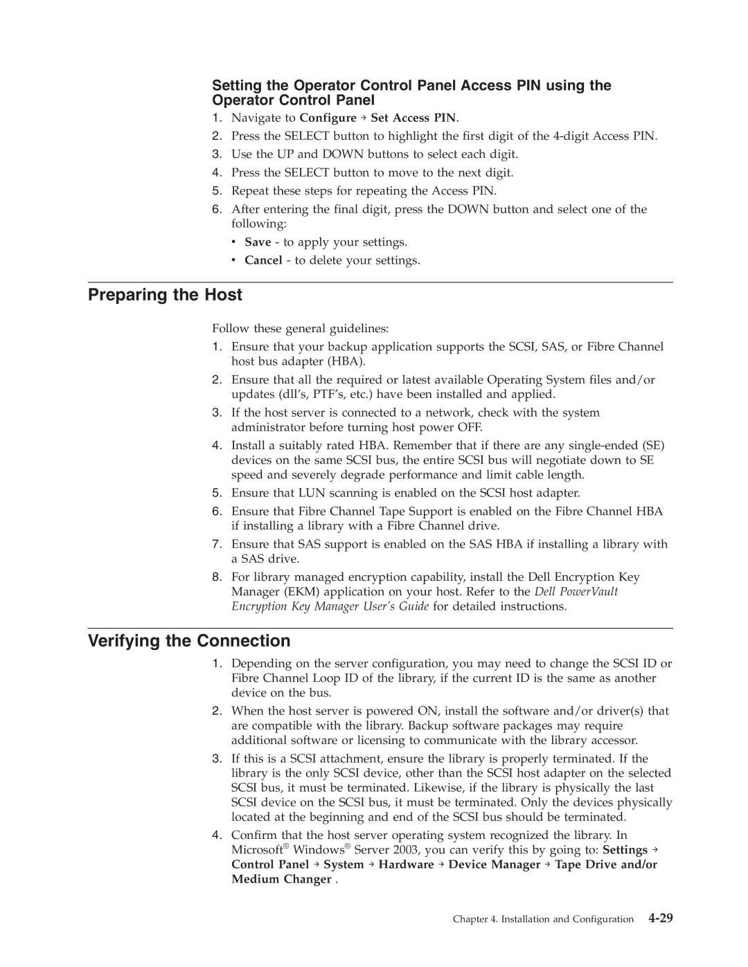 Dell TL2000 manual Preparing the Host, Verifying the Connection, Setting the Operator Control Panel Access PIN using 