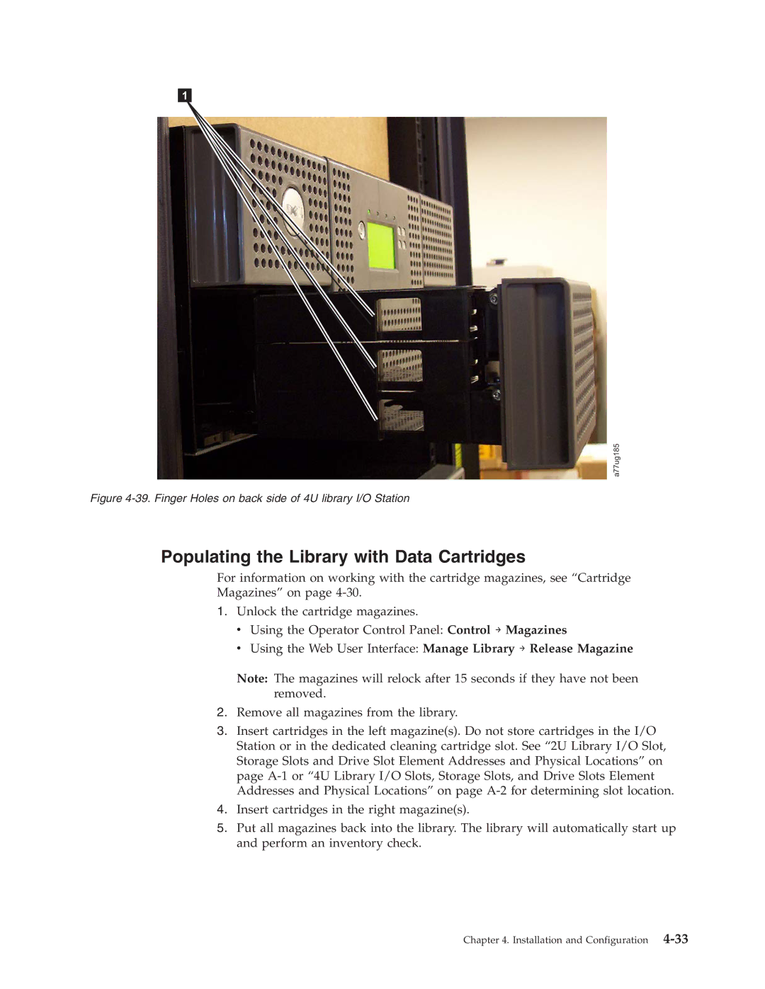 Dell TL2000 manual Populating the Library with Data Cartridges, Finger Holes on back side of 4U library I/O Station 