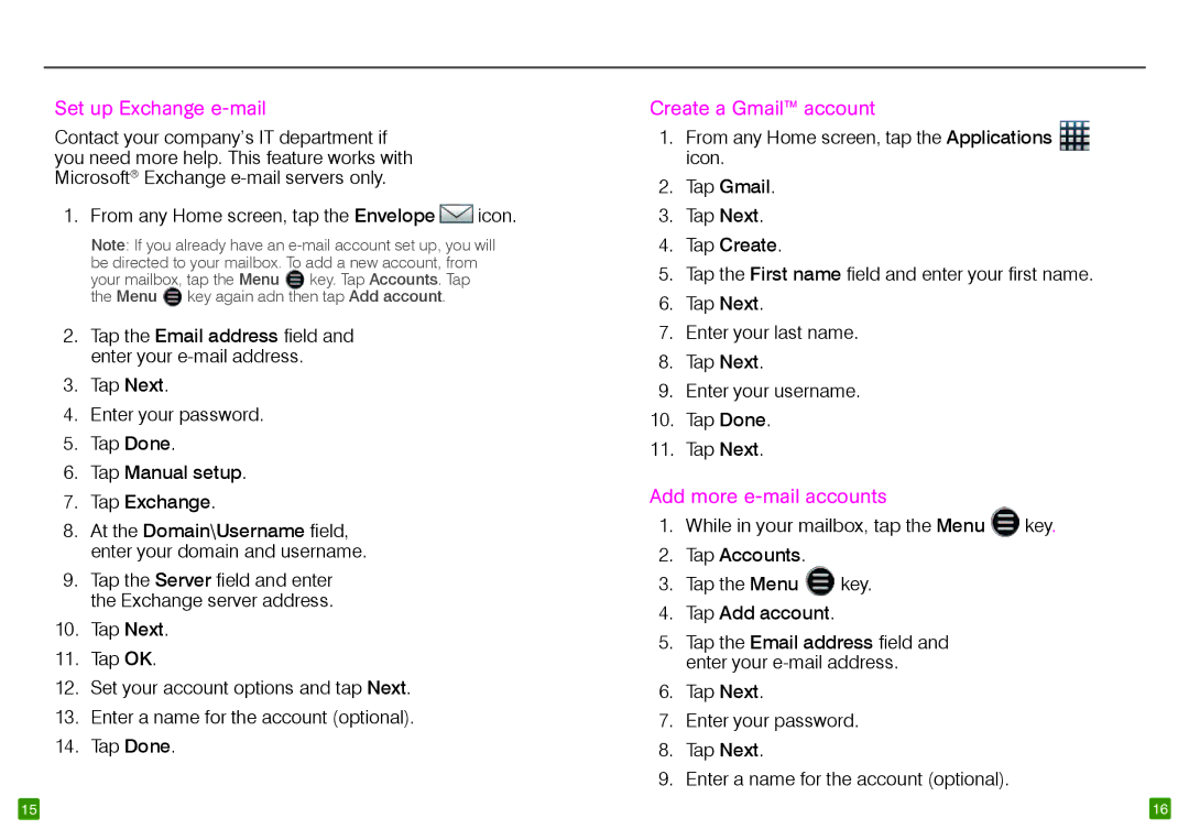 Dell TM1745 manual Set up Exchange e-mail, Create a Gmail account, Add more e-mail accounts 