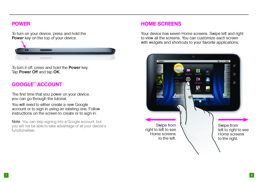 Dell TM1745 manual Power, Google Account, Home Screens 