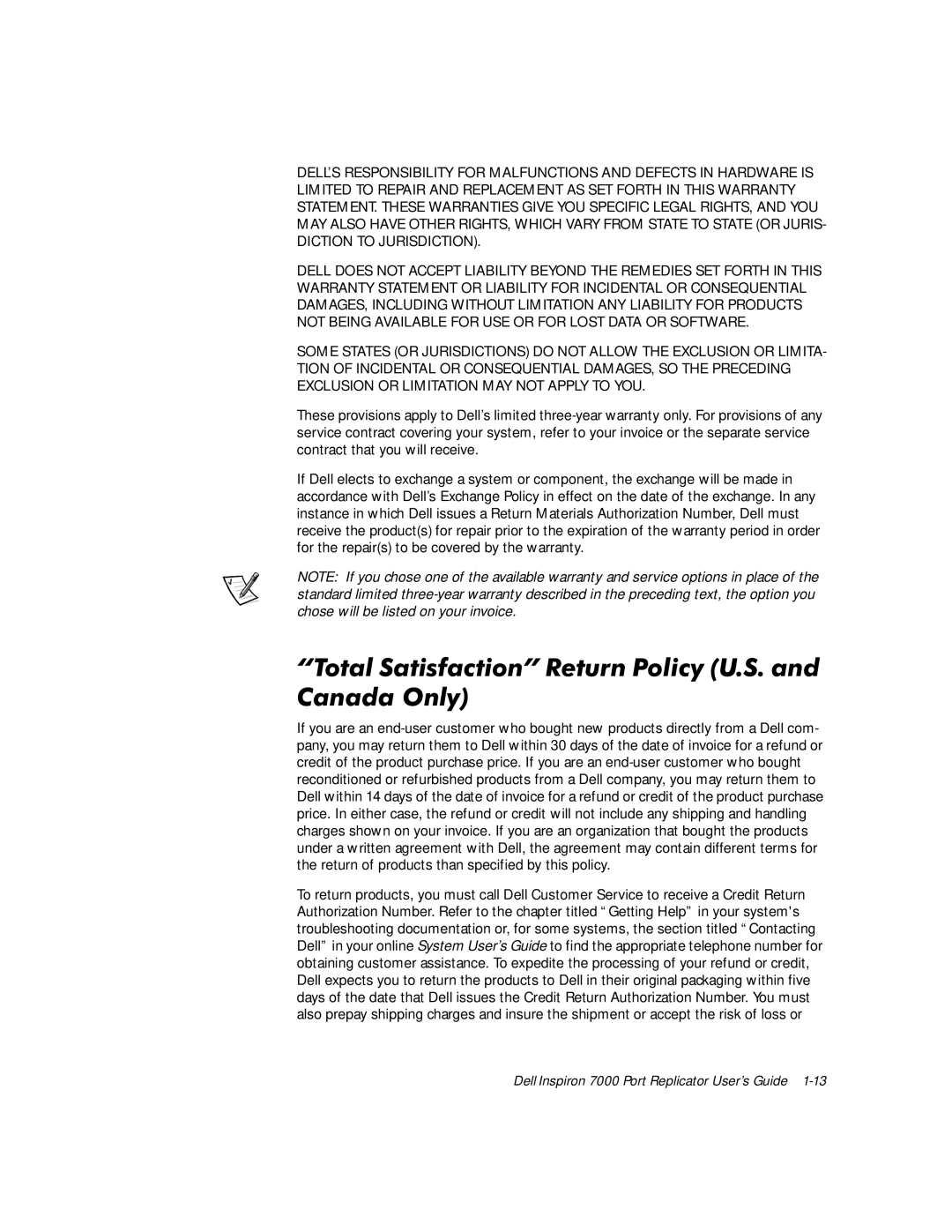 Dell TSR9C manual ´7RWDO6DWLVIDFWLRQµ5HWXUQ3ROLF\86DQG &DQDGD2QO 