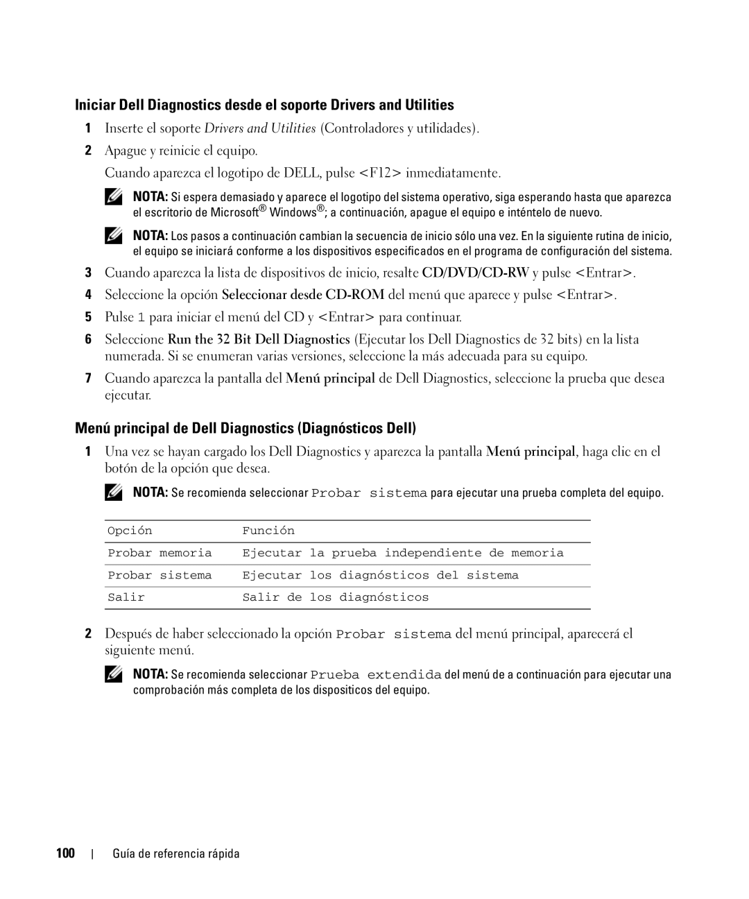 Dell TX419 manual Menú principal de Dell Diagnostics Diagnósticos Dell, 100 