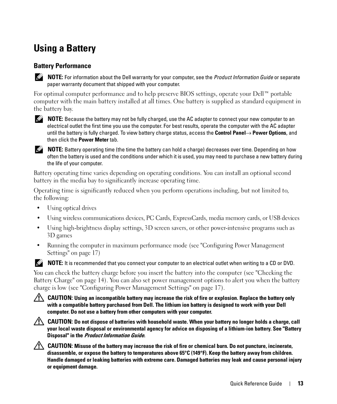 Dell TX419 manual Using a Battery, Battery Performance 